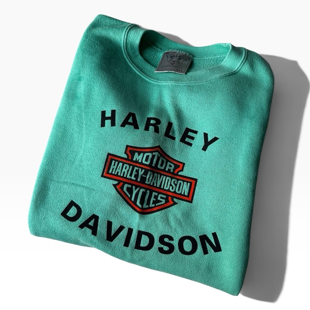 Vintage 90s Harley Davidson Logo Mint Green Crewneck Sweatshirt USA - Size M